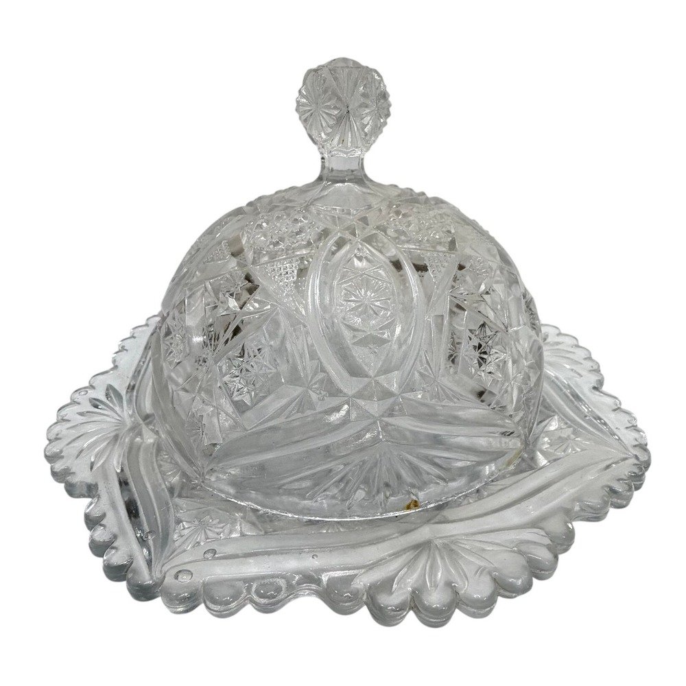 Vintage Clear Pressed Glass Domed Butter Dish Pinwheel Starburst Scalloped Edge